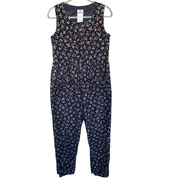 Laura Ashley Jumpsuit Womens Small Navy Blue Floral Corduroy Sleeveless Pockets - Picture 1 of 9